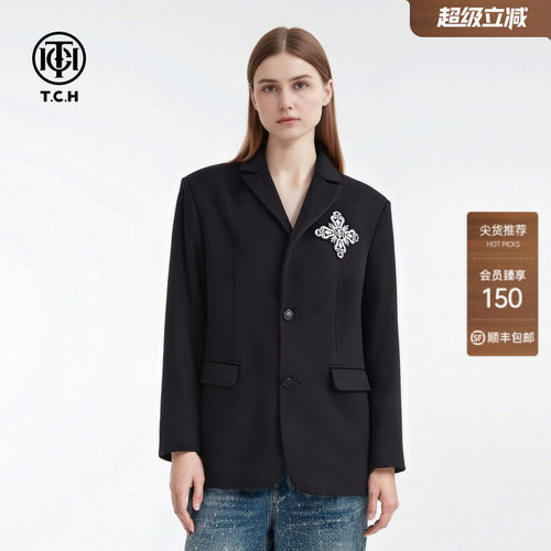 TCH轻奢暗黑系重工烫钻绵羊毛西装外套女2026春夏新款T78A046001