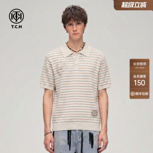 TCH2026夏季新款polo领条纹少年感短袖针织衫男士百搭高级感上衣