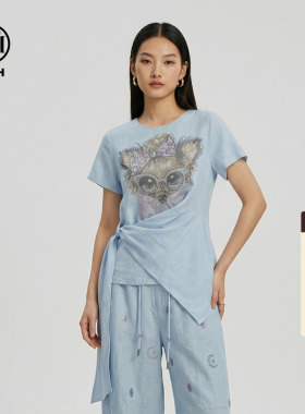 TCH甜美风烫钻亚麻蓝色短袖T恤女2026春夏新款绑带收腰不规则上衣