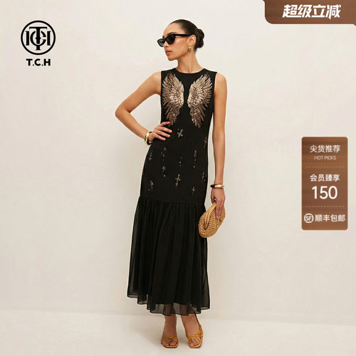 TCH烫钻金色翅膀连衣裙女黑色无袖收腰网纱鱼尾长裙夏T78A30E1065