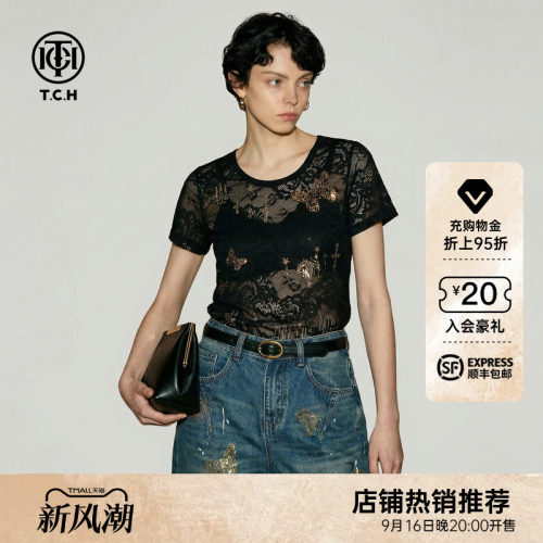 黑色镂空蕾丝圆领短袖T恤女