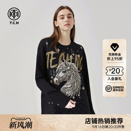 TCH小众设计感烫钻骏马纯棉长袖黑色T恤2026春夏季新款T78B086069