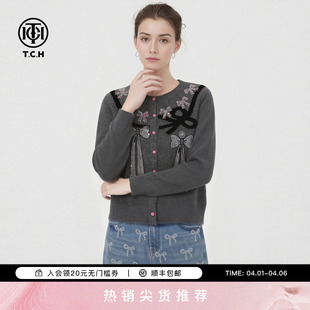 时尚 TCH 100%绵羊毛 春款 女T78A43E1073 烫钻蝴蝶结灰色针织开衫