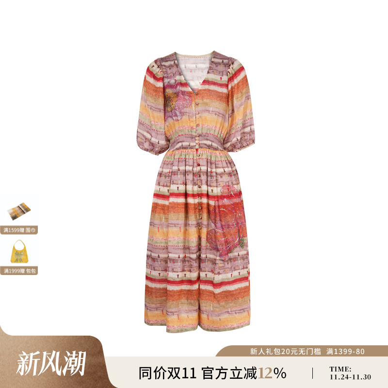 TCH私服烫钻度假风时尚休闲气质长款V领连衣裙女夏季T75B30E1190