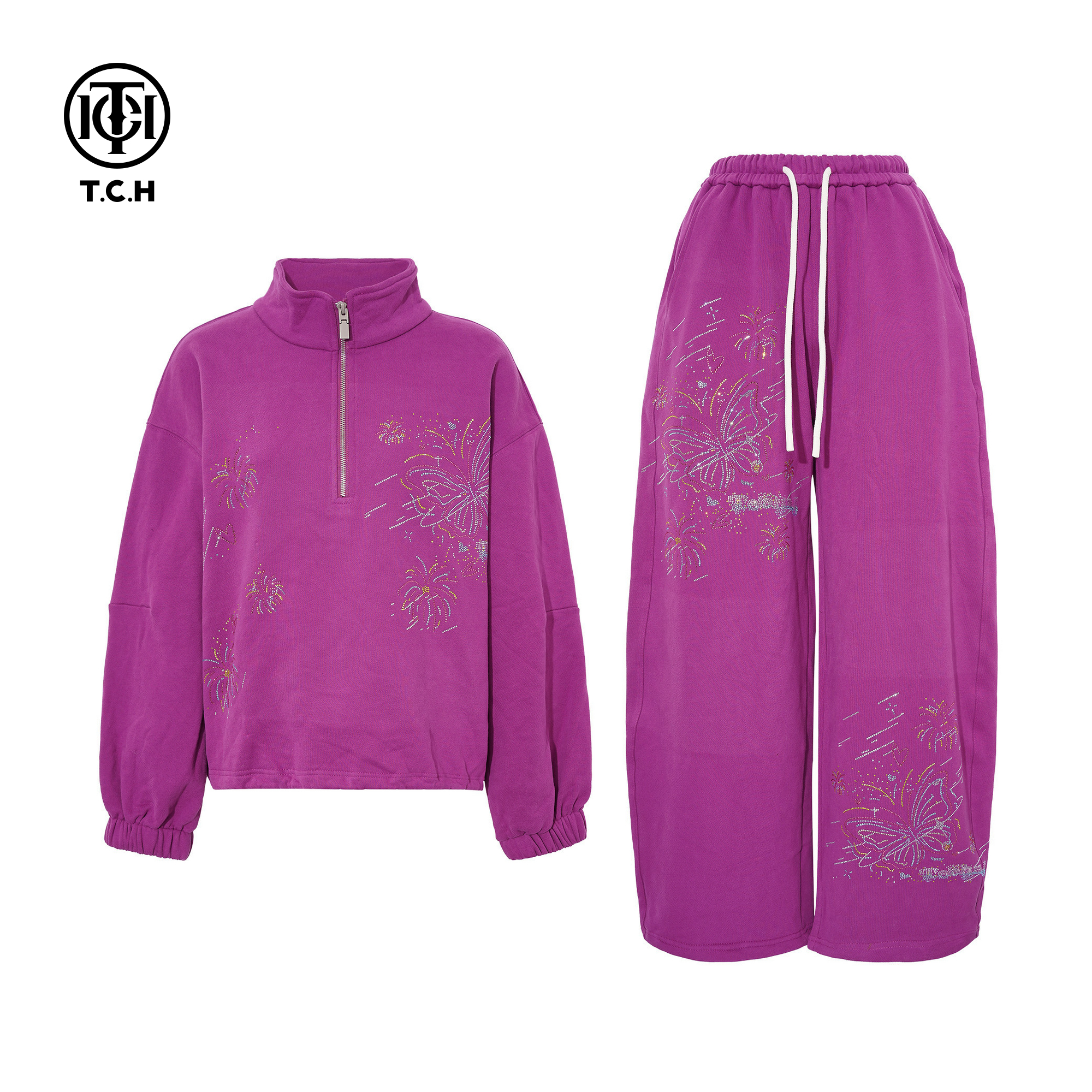 TCH2025秋冬新款百搭时尚烫钻紫色卫衣休闲裤套装女T75D07E1082
