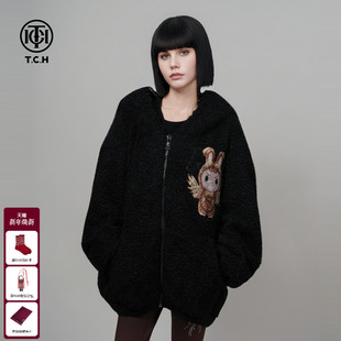 TCH轻奢潮牌烫钻黑色连帽保暖卡通毛毛外套男女同款 T75C27E9019
