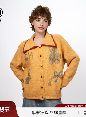 TCH南瓜公主元气甜美姜黄色绵羊毛翻领毛衣针织开衫女T75D43E1030