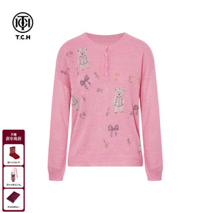 T75D09E1029 女2025秋冬新款 TCH私服慵懒风烫钻时尚 减龄粉色针织衫