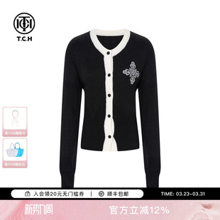 T75C43E9010 新款 TCH轻奢烫钻绵羊毛撞色针织开衫 上衣女2025夏季