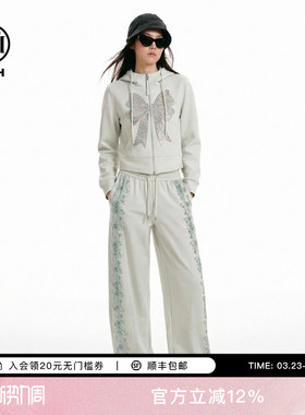 TCH甜酷风减龄烫钻蝴蝶结连帽卫衣外套阔腿裤套装女T78A07E1158