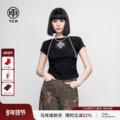 TCH甜酷时尚 T恤女2025春夏新款 百搭显瘦辣妹正肩小飞袖 烫钻短袖