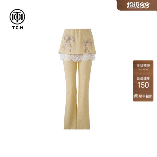 TCH假两件蕾丝边美式微喇裤休闲长裤2026春夏新款T75A20E5082