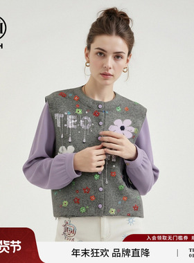 TCH假两件拼接袖烫钻花朵撞色针织开衫女2026春季新款T78A43E1013