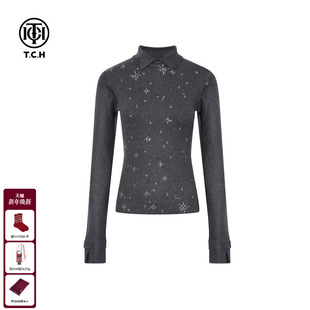 打底针织衫 烫钻修身 上衣女T75D09E1153 polo领软糯气质时尚 TCH韩版