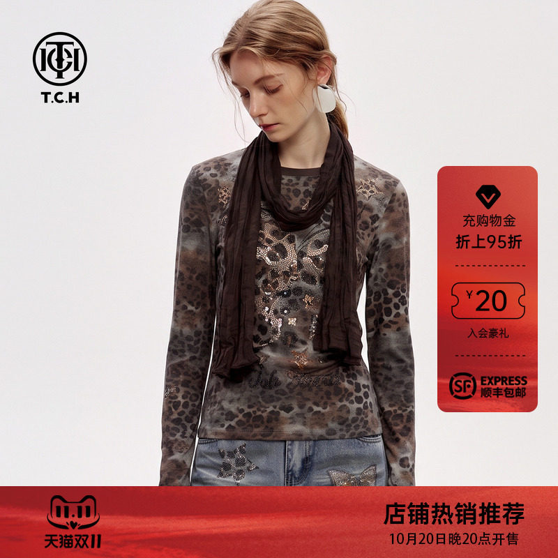 TCH美式辣妹风豹纹长袖T恤女2026秋季新款圆领配围巾显瘦打底上衣