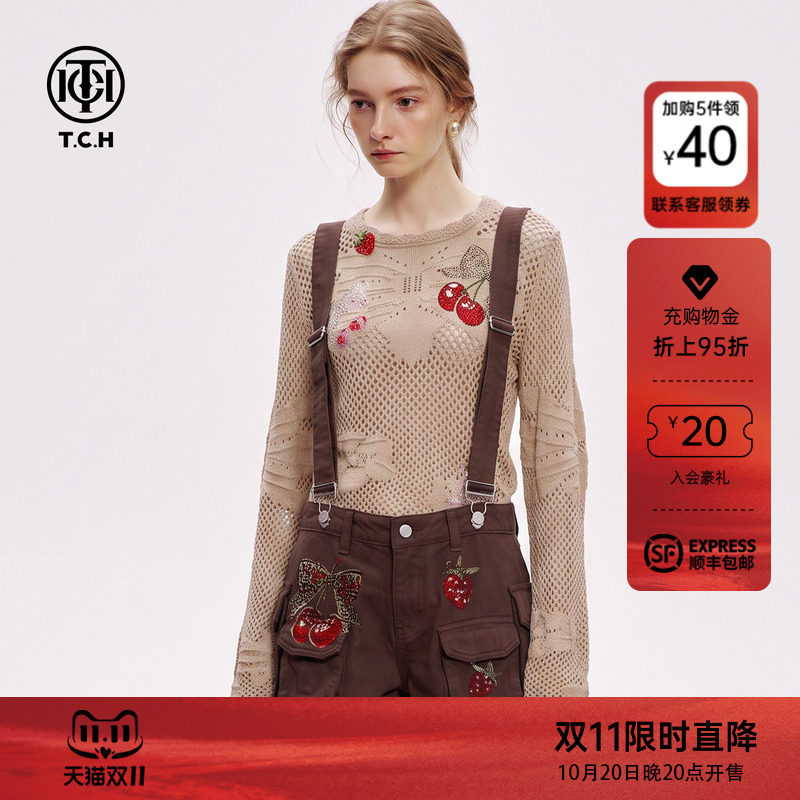TCH樱桃烫钻背带短裤女2026秋季新款美式辣妹多口袋工装风休闲裤