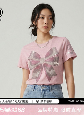 TCH26春夏新款烫钻蝴蝶结甜美减龄圆领粉色短袖T恤女T78A10E1027