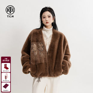 TCH私服秋冬时尚 烫钻百搭千金风气质高级感毛毛外套女T75D05E1003