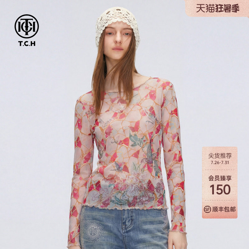 TCH气质国风花鸟烫钻网纱打底衫女2026夏季新款唯美薄款长袖上衣