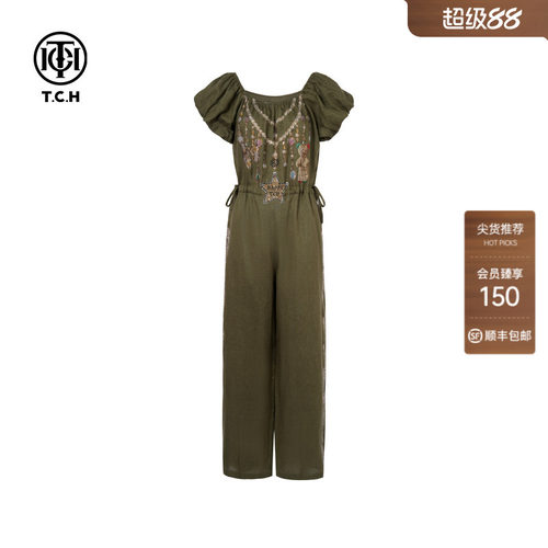 TCH烫钻亚麻泡泡袖时尚气质百搭休闲连体裤女夏季T75B20E5162