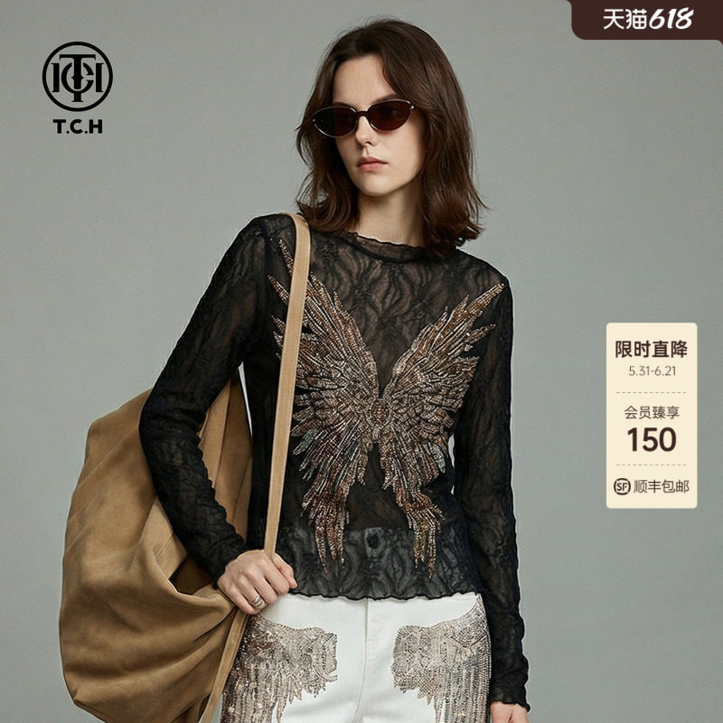 TCH2026春新款气质翅膀烫钻黑色木耳边打底衫上衣女T78A02E1032