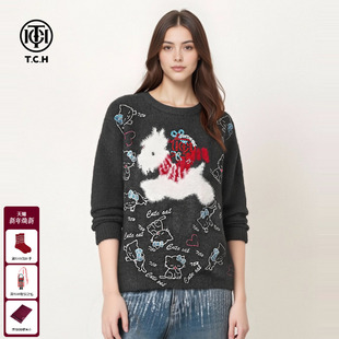 TCH秋冬款 T75D09E1291 烫钻满印萌宠毛衣女灰色软糯宽松圆领针织衫