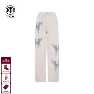 新款 女2025冬季 T75D20E1121 烫钻卡其色直筒显瘦宽松牛仔裤 TCH时尚