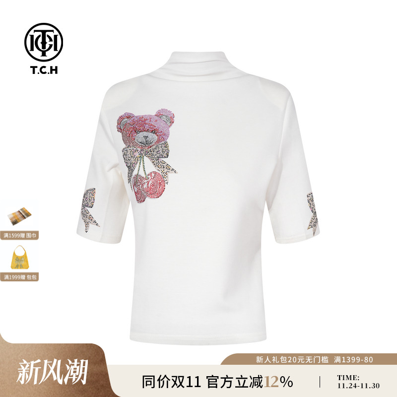 TCH私服烫钻小熊时尚休闲百搭松弛感立领短袖T恤女T75C10E5011