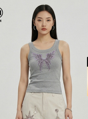 TCH烫钻翅膀内搭背心女2026春夏新款灰色修身显瘦辣妹外穿短上衣