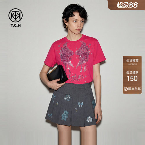 TCH设计感玫红色烫钻短袖T恤女