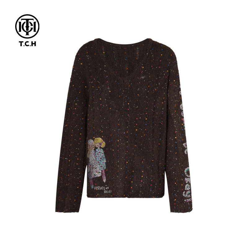TCH私服烫钻25秋冬新款时尚慵懒风宽松V领毛针织衫女T75C09E5122