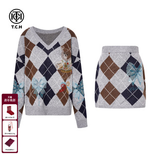 TCH时髦洋气宽松烫钻V领针织毛衣女短款 女T75D07E5025 半身裙套装