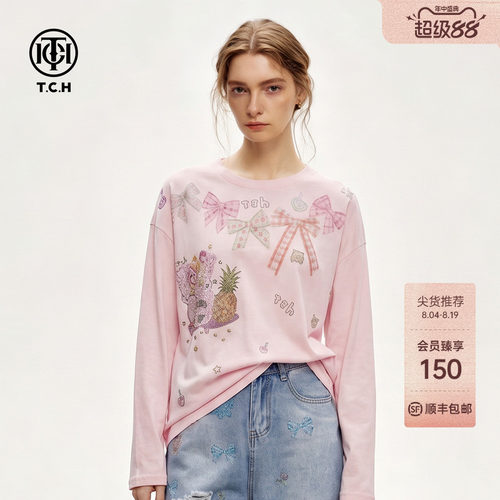 甜美少女风落肩蝴蝶结长袖T恤女