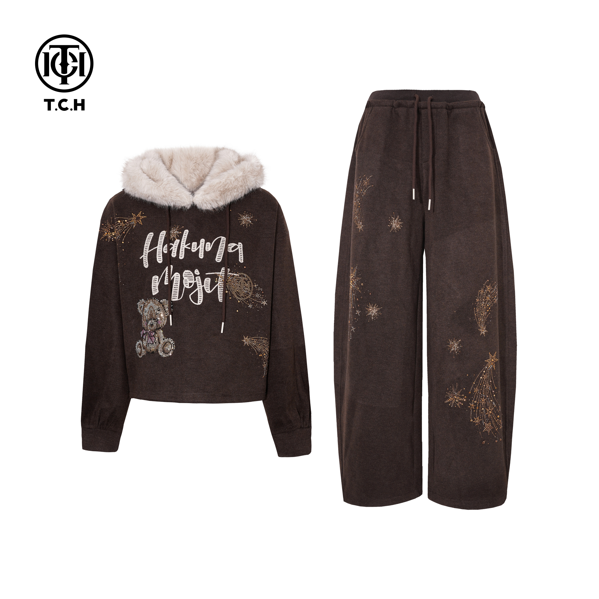 TCH时尚小熊烫钻咖色连帽加绒卫衣阔腿裤时尚套装女T75D07E1080