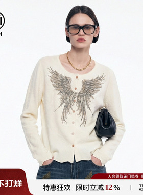 TCH2025冬季新款时尚烫钻米色休闲百搭针织开衫上衣女T75D43E1079