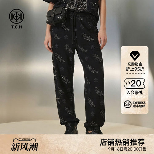 TCH潮酷满印烫钻束脚卫裤男黑色宽松显瘦百搭休闲裤女T78A206130