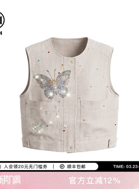 TCH【100%亚麻】烫钻蝴蝶马甲女春夏款设计感无袖上衣T75B01E1009