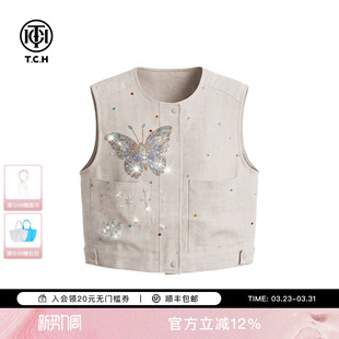 设计感无袖 烫钻蝴蝶马甲女春夏款 上衣T75B01E1009 100%亚麻 TCH
