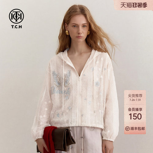 TCH暗纹提花蕾丝烫钻连帽外套