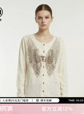 TCH【含绵羊毛】春款百搭时尚烫钻羽翼轻薄针织开衫女T78A43E1087