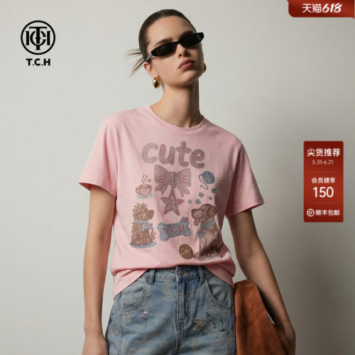 TCH纯棉卡通烫钻短袖T恤女