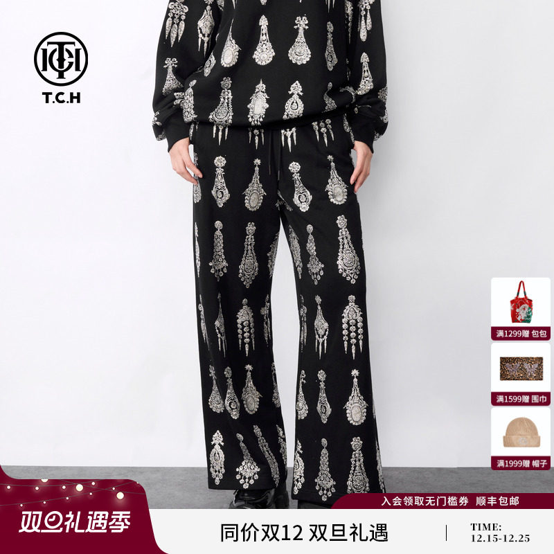 TCH 潮牌满印烫钻宽松百搭显瘦黑色阔腿休闲直筒裤2024年秋冬新款