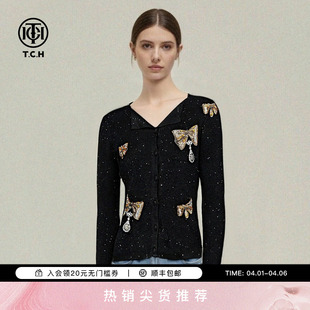 TCH烫钻满天星气质百搭针织开衫 T75C43E1013 上衣女秋夏新款