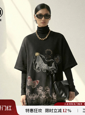 TCH【减龄百搭】春款卡通烫钻花边下摆黑色女装连衣裙T78A30E1035