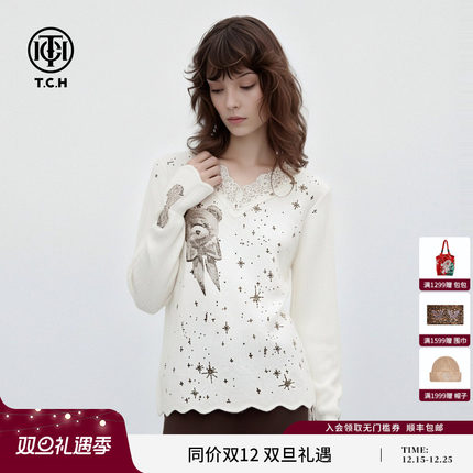 TCH私服25秋冬新款慵懒风烫钻时尚气质蕾丝边针织衫女T75D09E1052