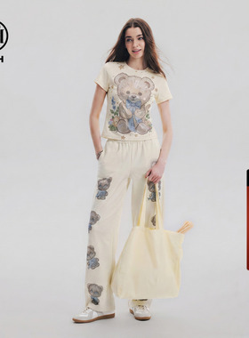 TCH时尚潮牌减龄短袖T恤女阔腿裤两件套重工烫钻小熊休闲百搭套装