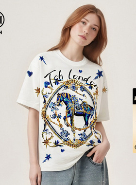 TCH重工骏马烫钻2026春夏款潮流百搭卡通宽松短袖T恤女T78B106017
