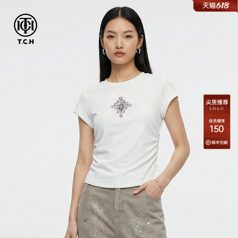 TCH2026春新款修身显瘦设计感短款辣妹正肩短袖T恤女T78A10E1028