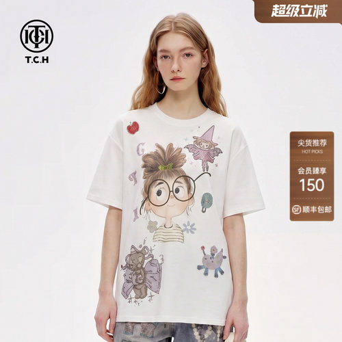 卡通女孩烫钻白色休闲短袖T恤女