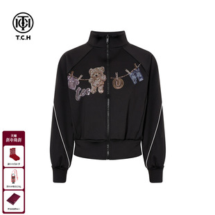 立领夹克外套女T75D27E1060 辣妹休闲黑色短款 TCH百搭时尚 烫钻美式
